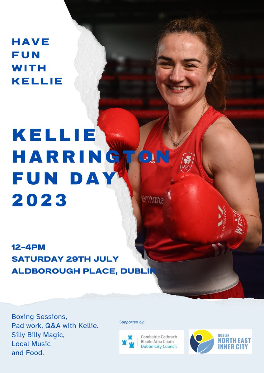Kellie Harrington Fun day is back! Meet #OlympicChampion and Local Hero in Aldborough Place (Behind Spar at 5 lamps) for #FamilyFun. For young people who want to train with Kellie, she will be running a session from 12-1pm. #Music #Food #Facepainting #Boxing #NEIC
