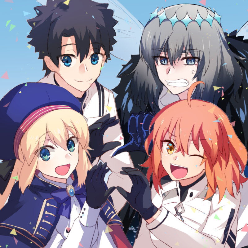 artoria caster (fate) ,artoria caster (second ascension) (fate) ,artoria pendragon (fate) ,fujimaru ritsuka (female) ,fujimaru ritsuka (male) ,oberon (fate) 2boys 2girls multiple girls gloves orange hair smile multiple boys  illustration images