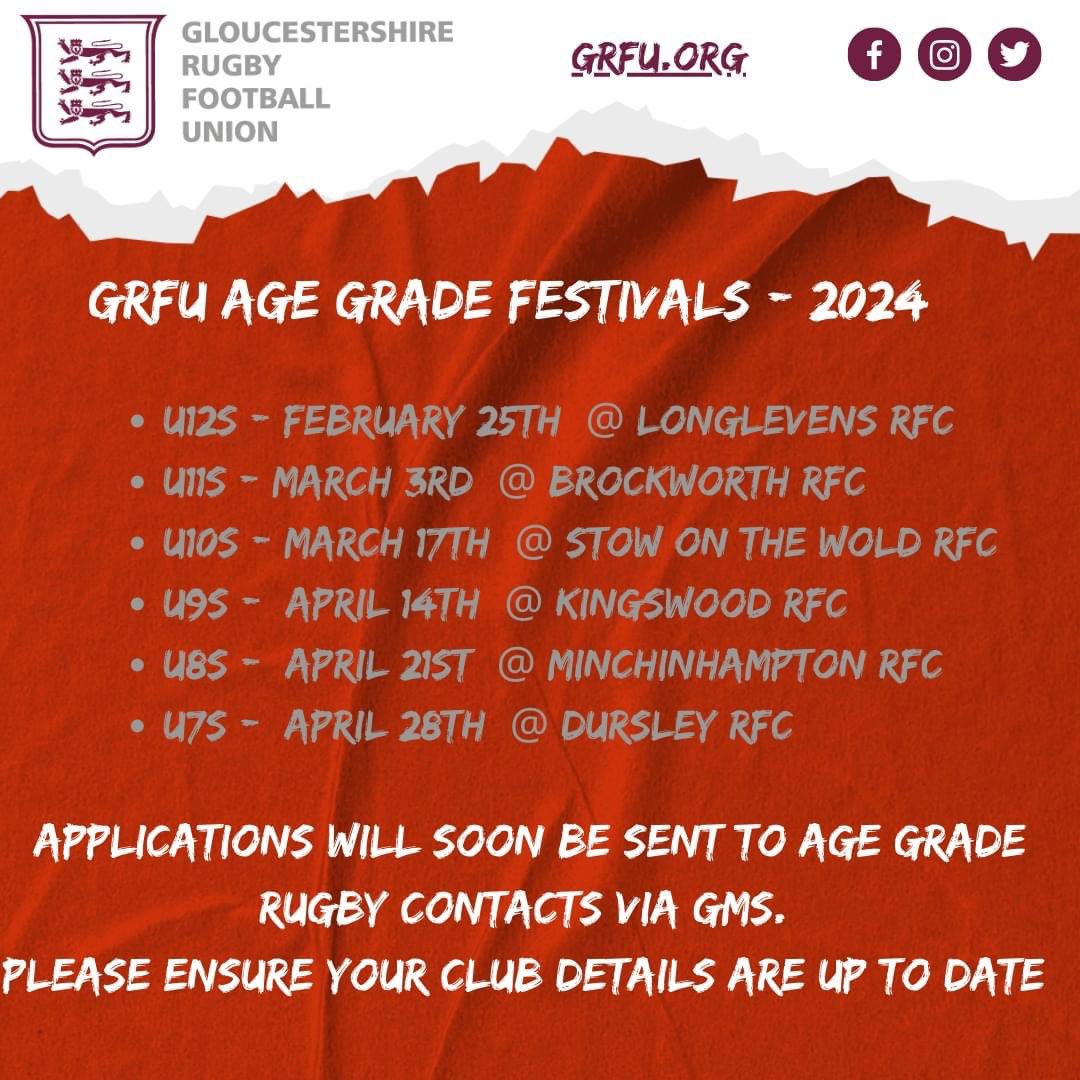 GRFUrugby's tweet photo. Confirmed venues for #GRFU Age Grade Rugby Festivals next year. 
Put the dates in your diary and await more info along with the link to apply on behalf of your club! 👀 

@Dursleyrugby @MinchRFC @kingswoodrfc @StowRFC @BrockworthRFC @LonglevensRugby https://t.co/D4yxcAHTXp