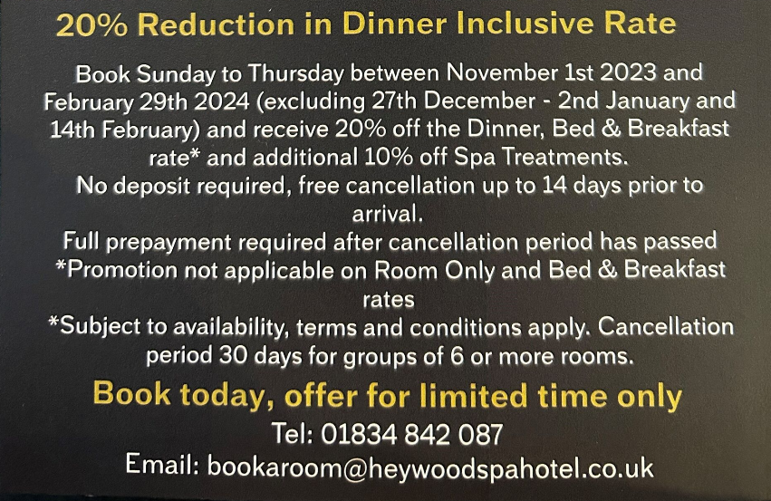HeywoodSpa's tweet photo. Planning a Winter Escape? This promo might be just for you ❄️ Stay Sunday - Thursday from 1st Nov - 29th Feb (see excluded dates) and receive 20% off our Dinner, Bed &amp; Breakfast rate 🍽️ 😴 plus 10% off Spa Treatments 💆‍♀️💆‍♂️
Call 01834 842 087 or book online: https://t.co/sPRRT52GOA https://t.co/8XO3cxozjq