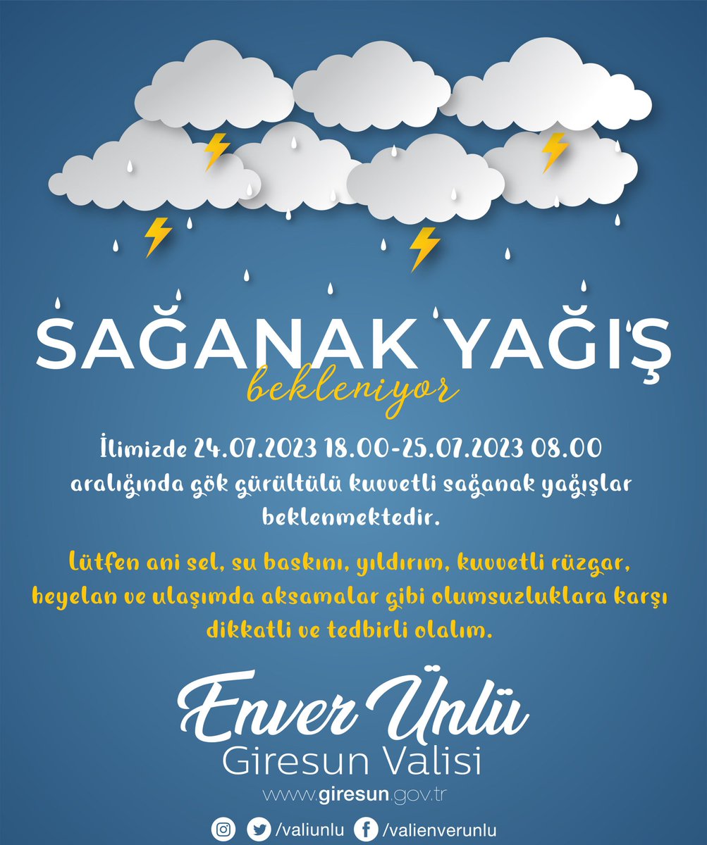 D İ K K A T ❗⛈️ İlimizde 24.07.2023 18.00-25.07.2023 08.00 aralığında kuvvetli sağanak yağışlar beklenmektedir. Lütfen ani sel, su baskını, yıldırım, kuvvetli rüzgar, heyelan ve ulaşımda aksamalar gibi olumsuzluklara karşı dikkatli ve tedbirli olalım.