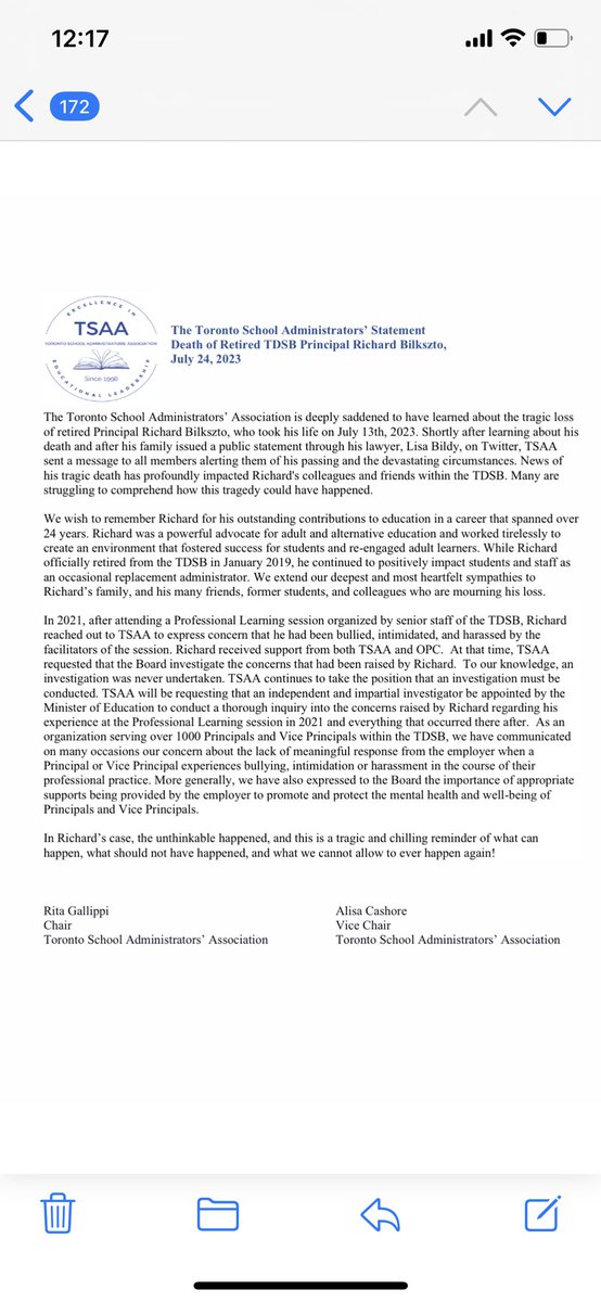 TSAA (@tsaaonca) on Twitter photo The Toronto School Administrators’ Association statement about the death of TDSB retired Principal, Richard Bilkszto <a href="/Sflecce/">Stephen Lecce</a> <a href="/OPCouncil/">Ontario Principals' Council</a>. This statement can also be viewed here: bit.ly/44S66au The Toronto School Administrators’ Association statement about the death of TDSB retired Principal, Richard Bilkszto <a href="/Sflecce/">Stephen Lecce</a> <a href="/OPCouncil/">Ontario Principals' Council</a>. This statement can also be viewed here: bit.ly/44S66au