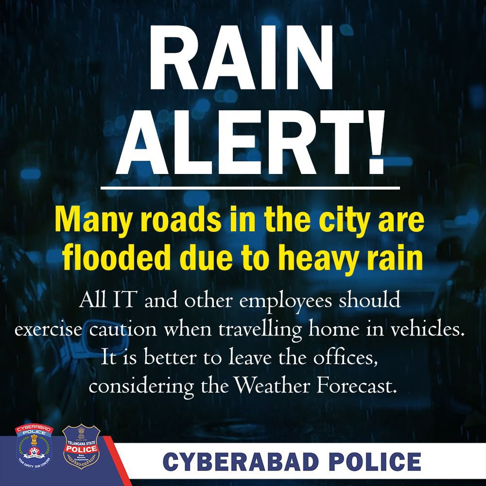 ⚠️ Rain Alert! ⛈️ Heavy downpour has flooded roads across the city. Employees, exercise caution and plan your commute wisely. Safety first! 🚗💨 #StaySafe #RainyDay #CyberabadPolice