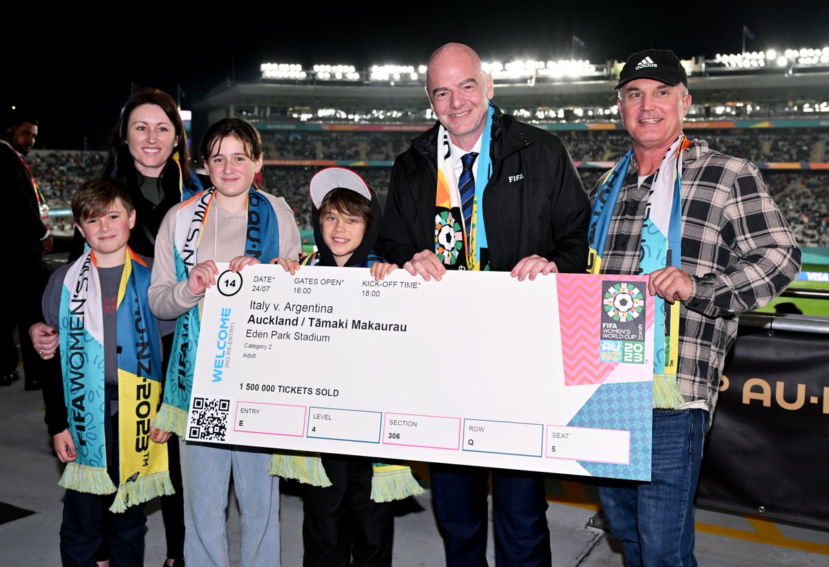 Erafutbolfem's tweet photo. 🚨 RÉCORD: Ya se han vendido 1.500.000 entradas para este Mundial 2023, una marca histórica

💪Hay un aumento del 72% en la asistencia con respecto a Francia 2019 en los primeros 12 partidos

📸 Infantino se hizo una foto con la familia que adquirió el boleto 1.500.000

#FIFAWWC https://t.co/Lr5ZGhWhhN