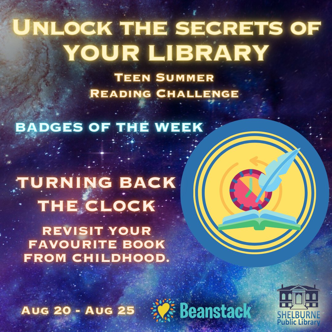ShelburnePL's tweet photo. Teens--turn back the clock and revisit your favourite childhood book for this week’s #TSRC2023 badge! 🕗 https://t.co/joswKfIp76
