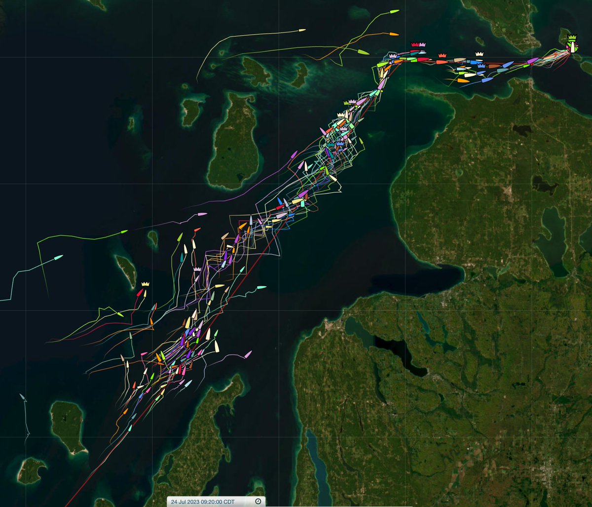 The fleet looks ready to split in half with some decent air east of Beaver, and virtually none south. Maybe 20% have finished. So much for a drag race to the reef. #cycrtm #mackinac