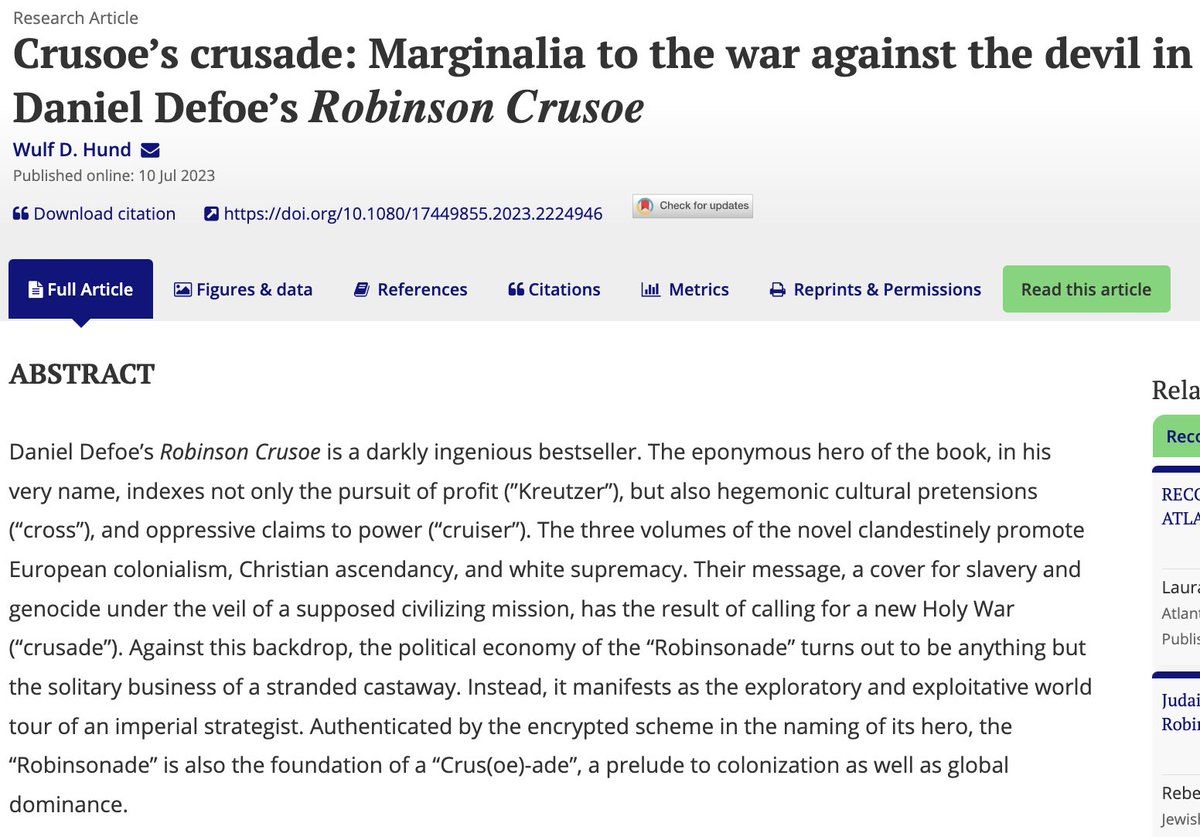 New article, online b4 publication of Special Focus Issue '#RobinsonCrusoe, #KarlMarx & the critique of colonial violence' Wulf Hund 'Crusoe's crusade: Marginalia to the war against the devil in Daniel #Defoe's Robinson Crusoe', translated by John Hutnyk 3 more articles to come