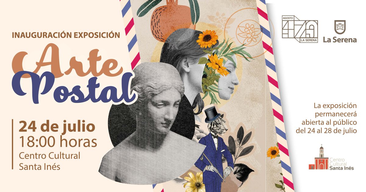 munilaserena's tweet photo. 📭 Hasta este 28 de julio invitamos a la exposición "Arte Postal" que estará abierta al público en el Centro Cultural Santa Inés. Actividad abierta a la comunidad #LaSerena #cultura https://t.co/MpAPbwKIBr