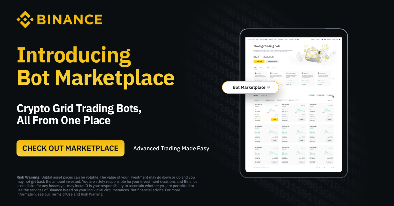 binance's tweet photo. The #Binance Trading Bot page has a brand new look.

We’ve now added a bot marketplace, letting you quickly see the historical ROI and PNL performance of grid trading bots.

Try it today ⬇️