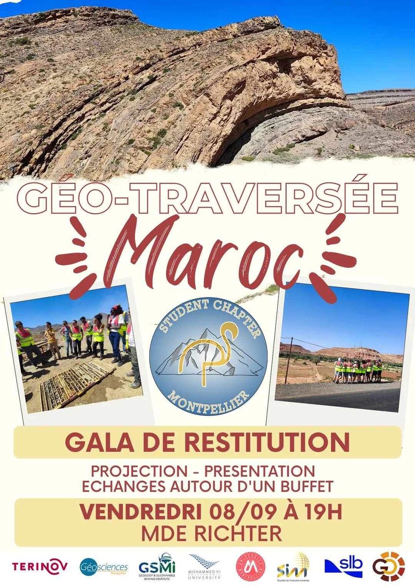 studentmtp's tweet photo. Bonjour à toutes et à tous !

Le bureau du Student Chapter et les étudiants du Master GER sont heureux de vous inviter à leur GALA de restitution de leur Geo-traversée au Maroc qui a eu lieu en mai dernier. https://t.co/kV4XiZ28GD