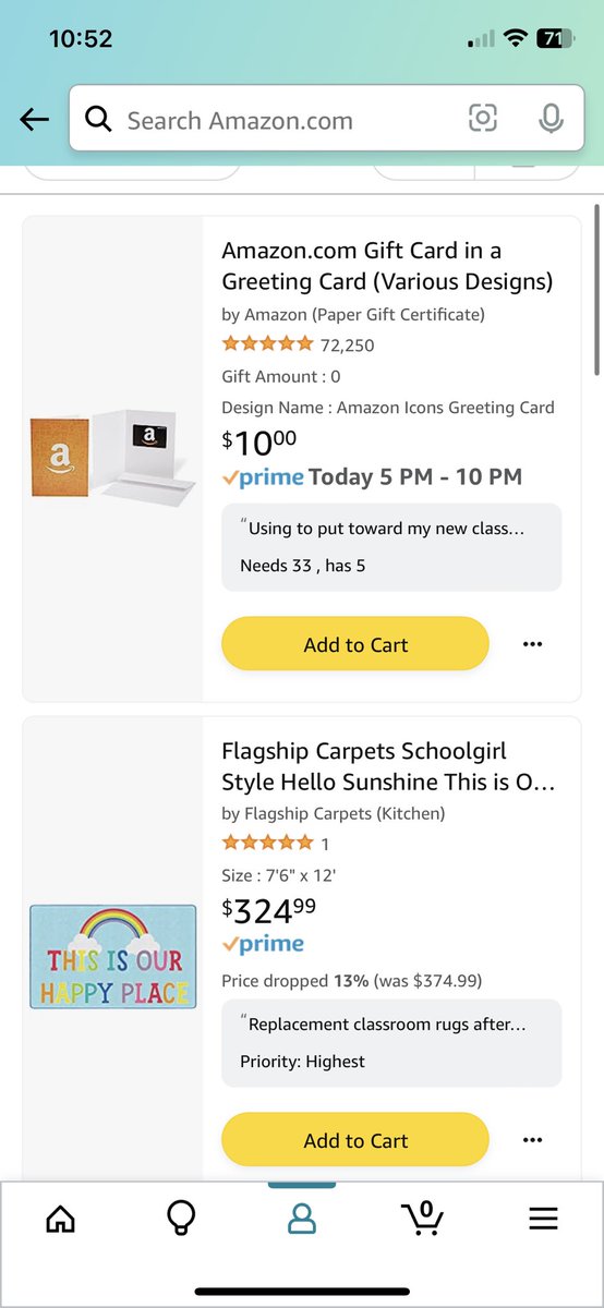<a href="/MrWeissman/">Mr. Weissman</a> Same! I have a large/expensive item on my
List: a classroom rug! I’m hoping to find a handful of people to gift me a $10 gift card to make it more affordable. Can anyone out there help? #clearthelist amazon.com/hz/wishlist/ls…
