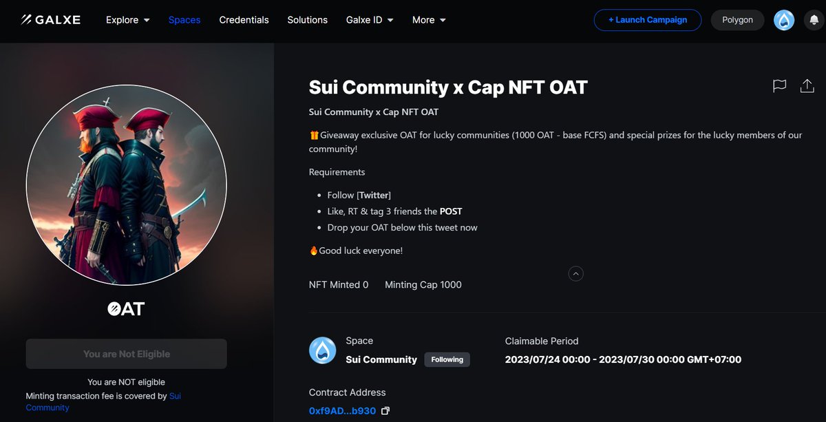 Sui Community x @capnft3333 OAT

🎁Giveaway exclusive OAT for lucky communities (1000 OAT - FCFS) and special prizes for the lucky members of our community!

Claim OAT: galxe.com/suicommunity/c…

😍Don't miss out opportunity &amp; drop your OAT below the event

#Sui #SuiCommunity #OAT