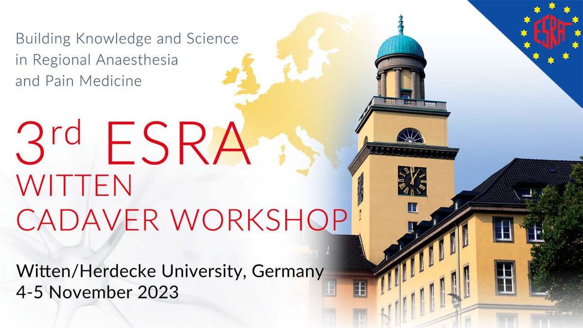 REGISTER NOW for the 3rd ESRA Cadaver Workshop in Witten! #ESRAwitten23 🇩🇪 Don't miss the opportunity to learn & work on practical skills required for successful #RegionalAnaesthesia 🗓 4-5 Nov 2023 📍 University of Witten/Herdecke 👉 Booking & programme: esraeurope.org/meeting/3rd-es…