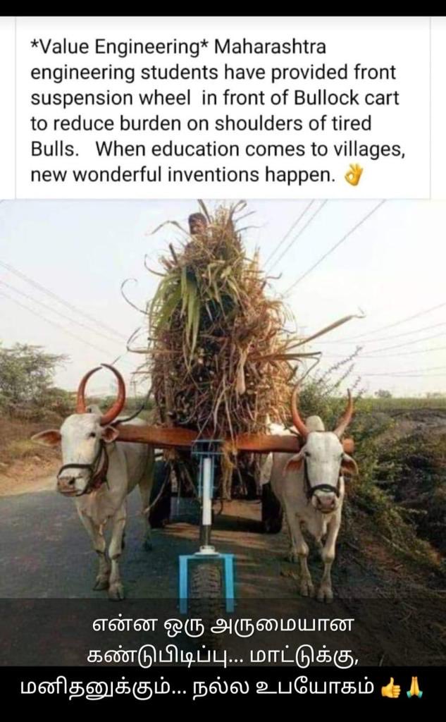 arunskaimal's tweet image. | सा विद्या या विमुक्तये l 
That (education) which liberates is #Knowledge .
The  below #Jugaad is a great way 2 make the experience less stressful for the bulls while not dropping the performance for cart owner.
Ideal would be if animals are not used at all as #beastsofburden 🙏
