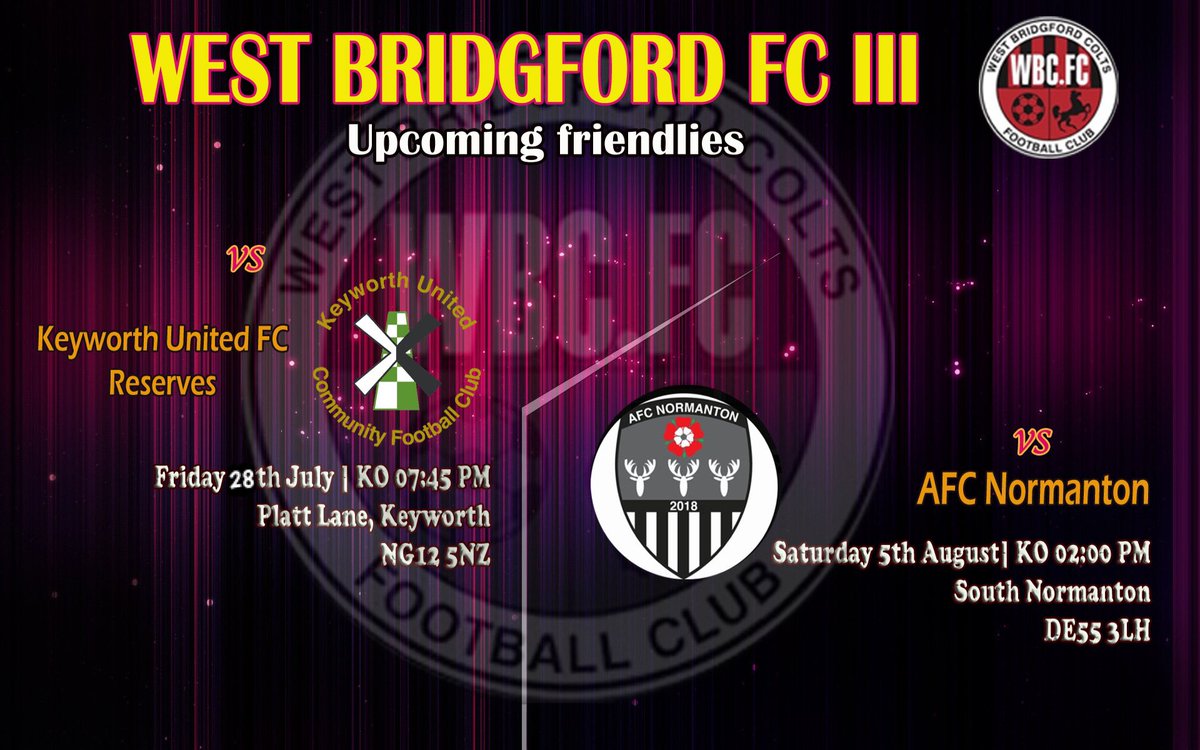 WestBridgford FC III (@wbfc_reserves) on Twitter photo This is how the last 2 matches of our preseason friendlies scheduled.
On 2️⃣8️⃣th we will be travelling to face <a href="/KeyworthUtdFc/">Keyworth United Community FC</a> Reserves and on 5️⃣th August we will face <a href="/NormantonAfc/">Afc Normanton</a>
⚽️⚽️⚽️⚽️⚽️❤️🖤 This is how the last 2 matches of our preseason friendlies scheduled.
On 2️⃣8️⃣th we will be travelling to face <a href="/KeyworthUtdFc/">Keyworth United Community FC</a> Reserves and on 5️⃣th August we will face <a href="/NormantonAfc/">Afc Normanton</a>
⚽️⚽️⚽️⚽️⚽️❤️🖤