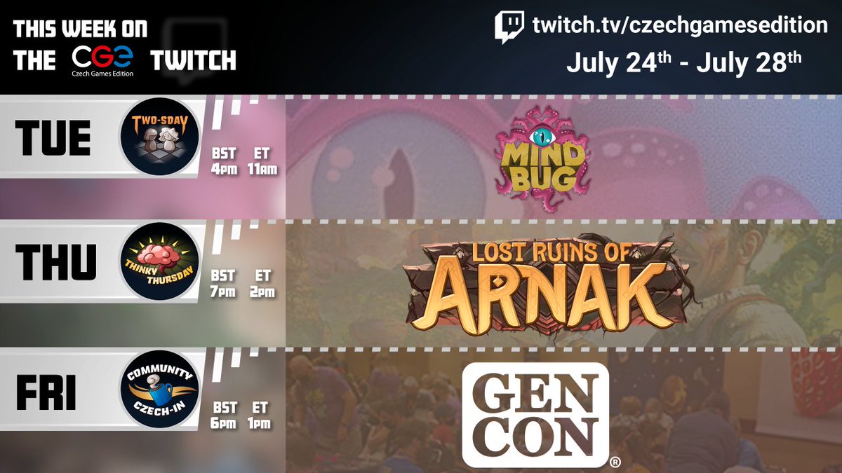 Join us for our last streaming week before #GenCon! 🎉 ➡️ twitch.tv/czechgamesedit… You’re in for a @Mindbug_Me 🐙 face-off between Ray and Eleni, some #Arnak 🧭 on BGA with chat, and you’ll have the chance to help Ray with preps for her Gen Con streams! 🤩