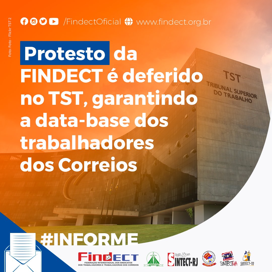 SPSintect's tweet photo. INFORME FINDECT | Protesto da FINDECT é deferido no TST, garantindo a data-base dos trabalhadores dos Correios

Saiba mais: https://t.co/ttjaAIHFjR

#SintectSP #Correios #NegociaçõesColetivas https://t.co/IWE2RgrXaR
