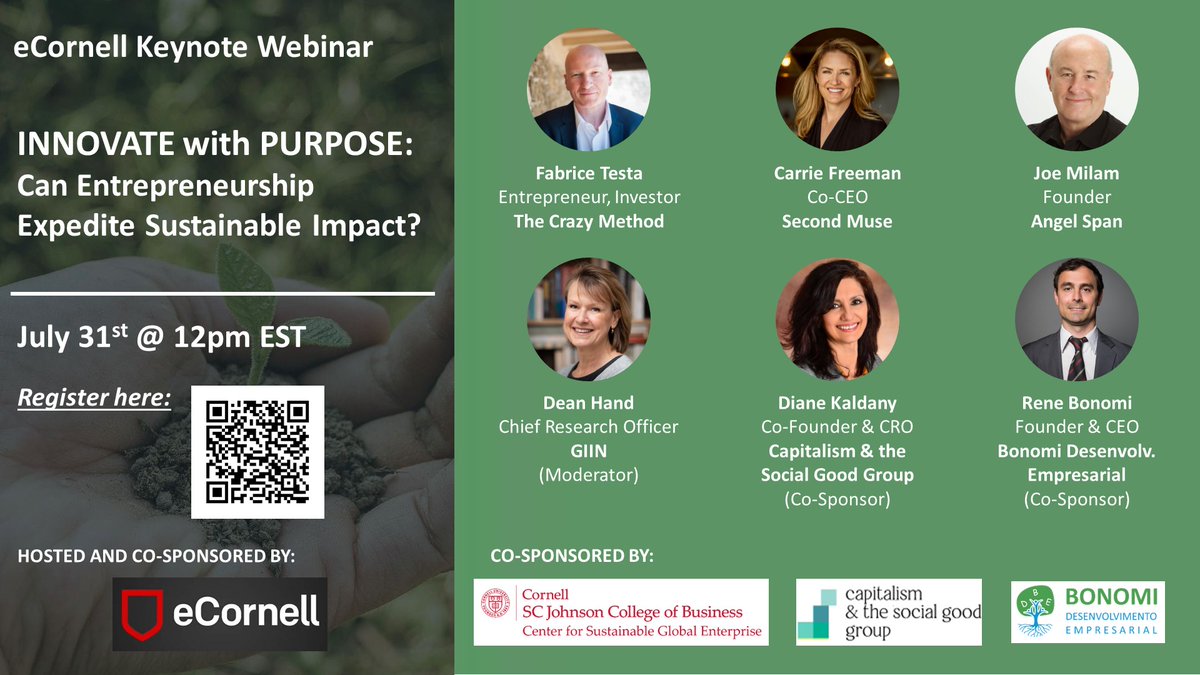 Bonomi Desenvolvimento Empresarial is thrilled to be organizing a new webinar "Innovate with Purpose", together with the Capitalism &amp; The Social Good Group and <a href="/CornellSGE/">CSGE</a> at <a href="/CornellMBA/">Cornell Johnson</a> and <a href="/ecornell_online/">eCornell</a>.

Register here: ecornell.cornell.edu/keynotes/overv…

#innovation #startups #purpose