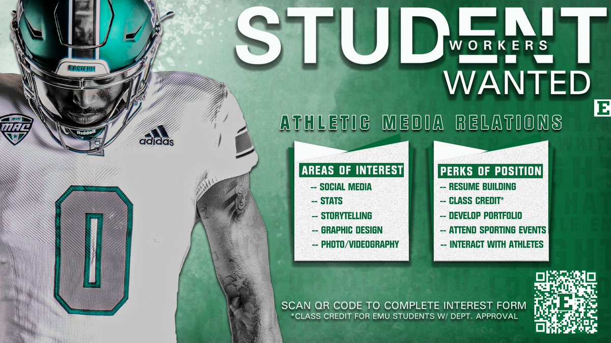 EMUAthletics's tweet photo. 🚨𝕊𝕋𝕌𝔻𝔼ℕ𝕋-𝕎𝕆ℝ𝕂𝔼ℝ𝕊 𝕎𝔸ℕ𝕋𝔼𝔻🚨

𝘊𝘰𝘮𝘦 𝘴𝘰𝘢𝘳 𝘸𝘪𝘵𝘩 𝘵𝘩𝘦 𝘌𝘢𝘨𝘭𝘦𝘴 𝘢𝘴 𝘢 𝘔𝘦𝘥𝘪𝘢 𝘙𝘦𝘭𝘢𝘵𝘪𝘰𝘯𝘴 𝘚𝘵𝘶𝘥𝘦𝘯𝘵-𝘞𝘰𝘳𝘬𝘦𝘳!🦅

🔗https://t.co/t834WkGz2B

#EMUEagles https://t.co/Z8btbGTtkL