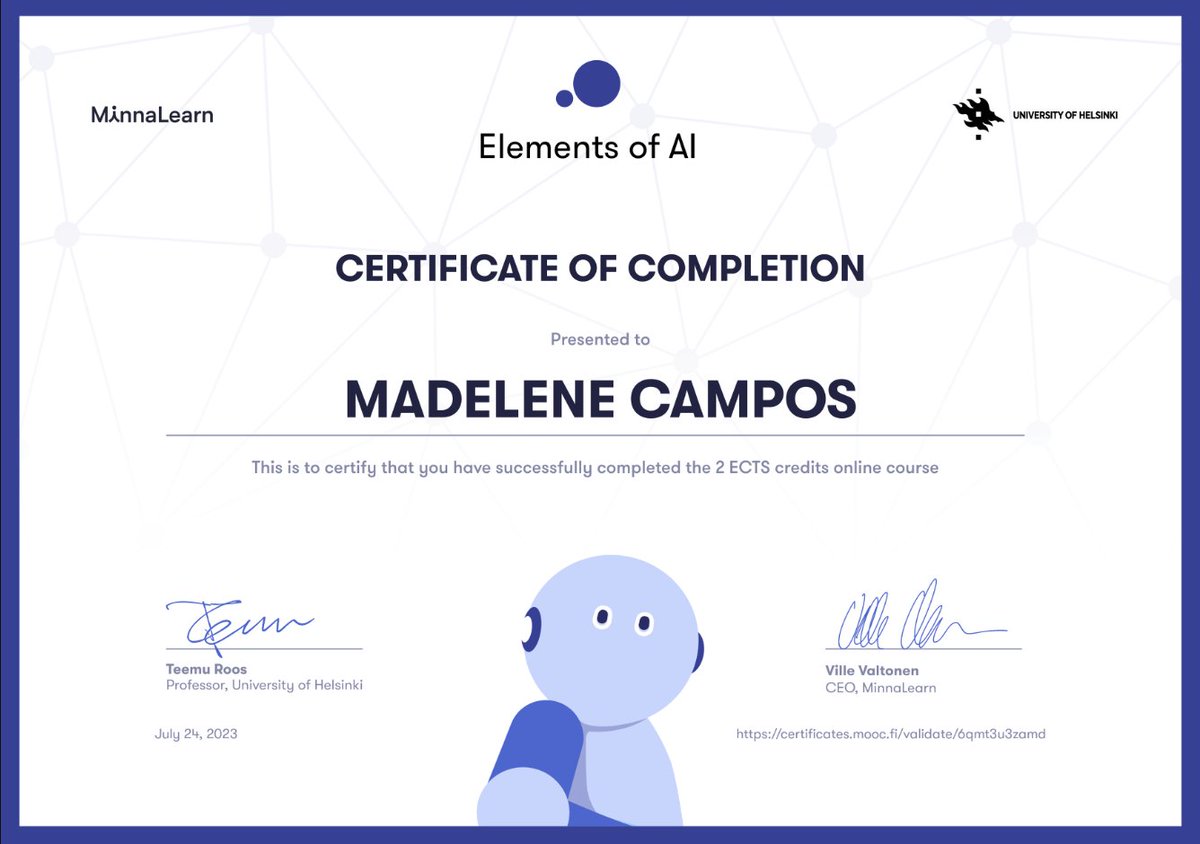 maddiecampos3's tweet photo. This was an informative and enjoyable course! #elementsofai #ai #learning https://t.co/YmsnPl10y4