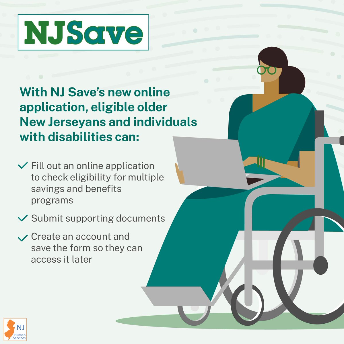 NJDHS's tweet photo. Older residents &amp; people with disabilities can save money without leaving home!
#NJSave is an online application that can help you save money on:
🩺Medicare premiums
💊prescription costs
💵 and other living expenses.
💻 Apply today, visit: https://t.co/DQfcnouwc3 https://t.co/uOj9AVHLEG