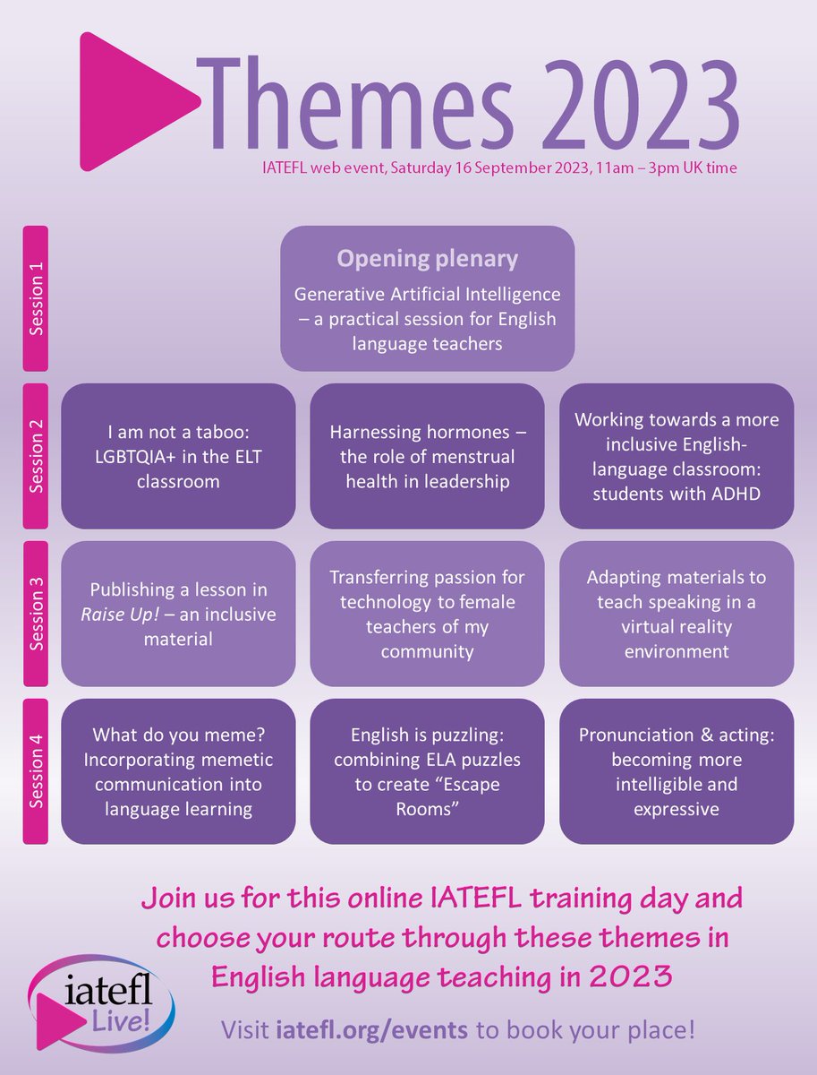 Booking is now open for our web event 'IATEFL Themes 2023'

Join us for a training event focusing on a range of important themes in English language teaching in 2023. Many sessions were highlights of the IATEFL Conference earlier this year and celebrated on IATEFL Live!