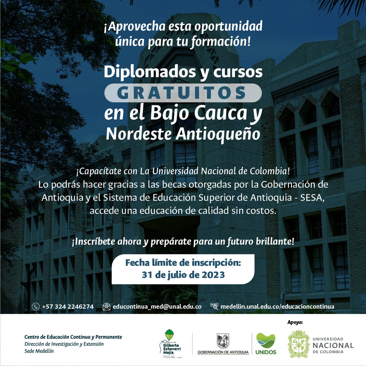 EducontinuaUN's tweet photo. #DeInterés| 📷 ¡Atención Bajo Cauca y Nordeste Antioqueño! No pierdas esta increíble oportunidad: diplomados y cursos gratuitos te esperan.

¡Inscripciones abiertas! 👉https://t.co/wseOBQuH7w https://t.co/aCDrBpB3Ur