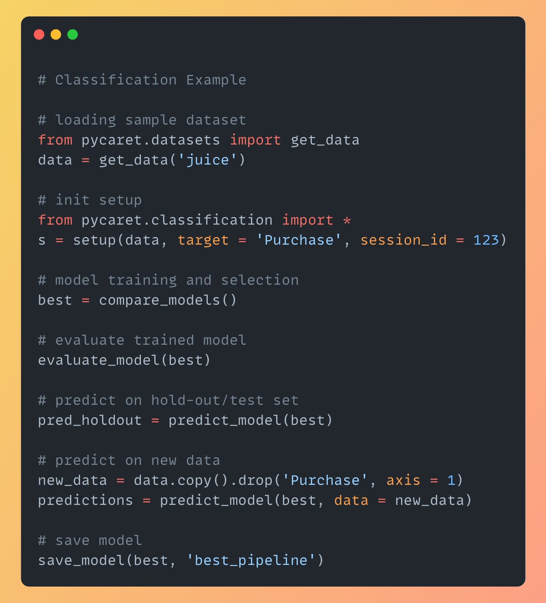 Sumanth_077's tweet image. An open-source, low-code Python Library to automate the machine learning workflows:🔥

Introducing PyCaret an end-to-end Machine Learning tool that does:

- Data Preprocessing
- Feature Engineering
- Model training
- Hyperparameter tuning &amp;amp;
- Model Evaluation

Thread🧵👇