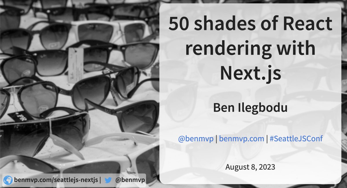 What's up #SeattleJSConf! Thanks so much for having me. 🙏🏾 If anybody wants the slides for my '50 shades of React rendering with Next.js' talk... I've got you covered! Hope you enjoyed it 🎉 benmvp.com/seattlejs-next… /cc @seattlejs