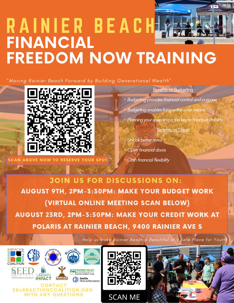 Wednesday from 2pm till 3:30pm RBAC’s Economic Development team is hosting a “Make your Budget work” workshop online for everyone. Let me know if you have questions!

#RBAC #Seattle #SouthSeattle #SetTheRecordStraightRB #SESeattle #RainierBeach #CommunityBuilding #Budget