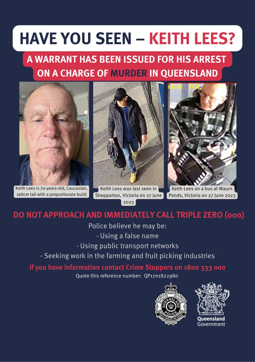 Detectives are continuing to appeal to anyone with information regarding the whereabouts of Keith Lees to come forward, after a warrant was obtained for his arrest in relation to the 1997 murder of Meaghan Louise Rose on the Sunshine Coast.

🔗 mypolice.page.link/KTTH