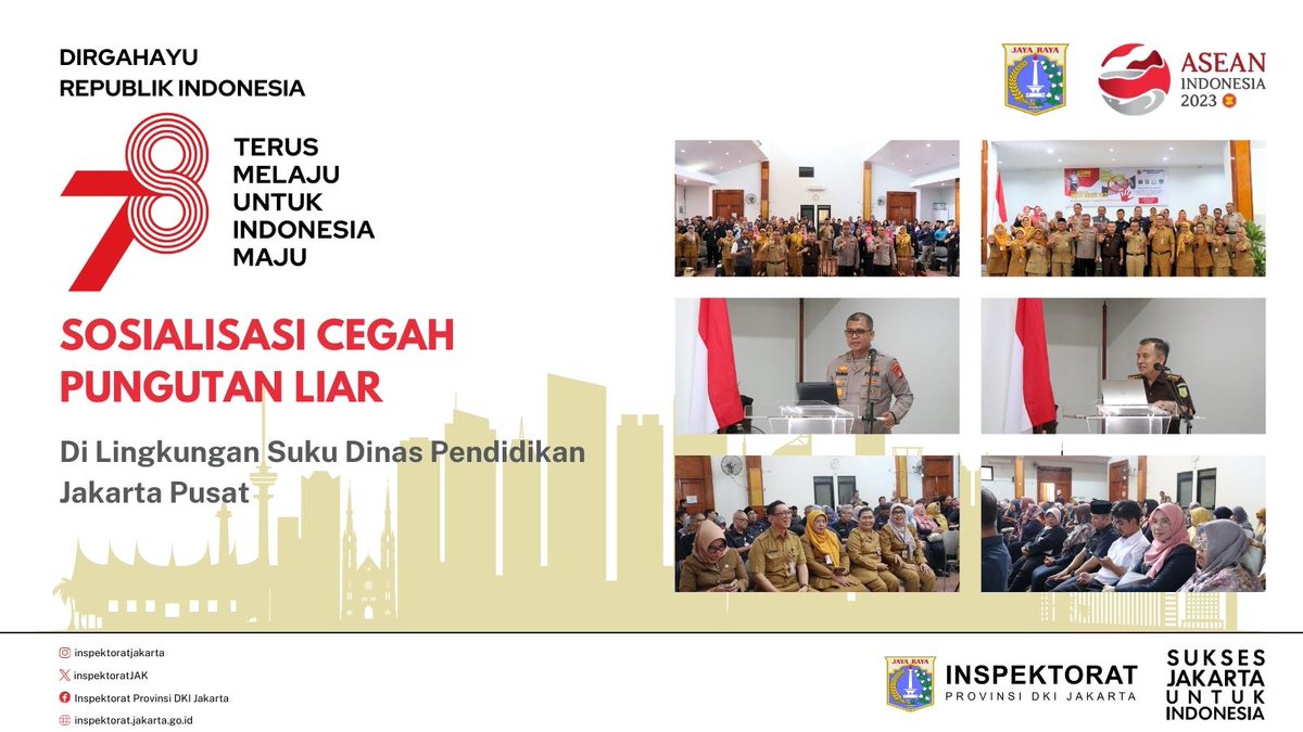 InspektoratJAK's tweet image. Inspektorat Provinsi DKI Jakarta
bersama Tim Unit Pemberantasan Pungutan Liar
Provinsi DKI Jakarta melakukan Sosialisasi Cegah
Pungutan Liar di Lingkungan Suku Dinas Pendidikan
Kota Jakarta Pusat.

Sukses Jakarta Untuk Indonesia!

#SuksesJakartaUntukIndonesia