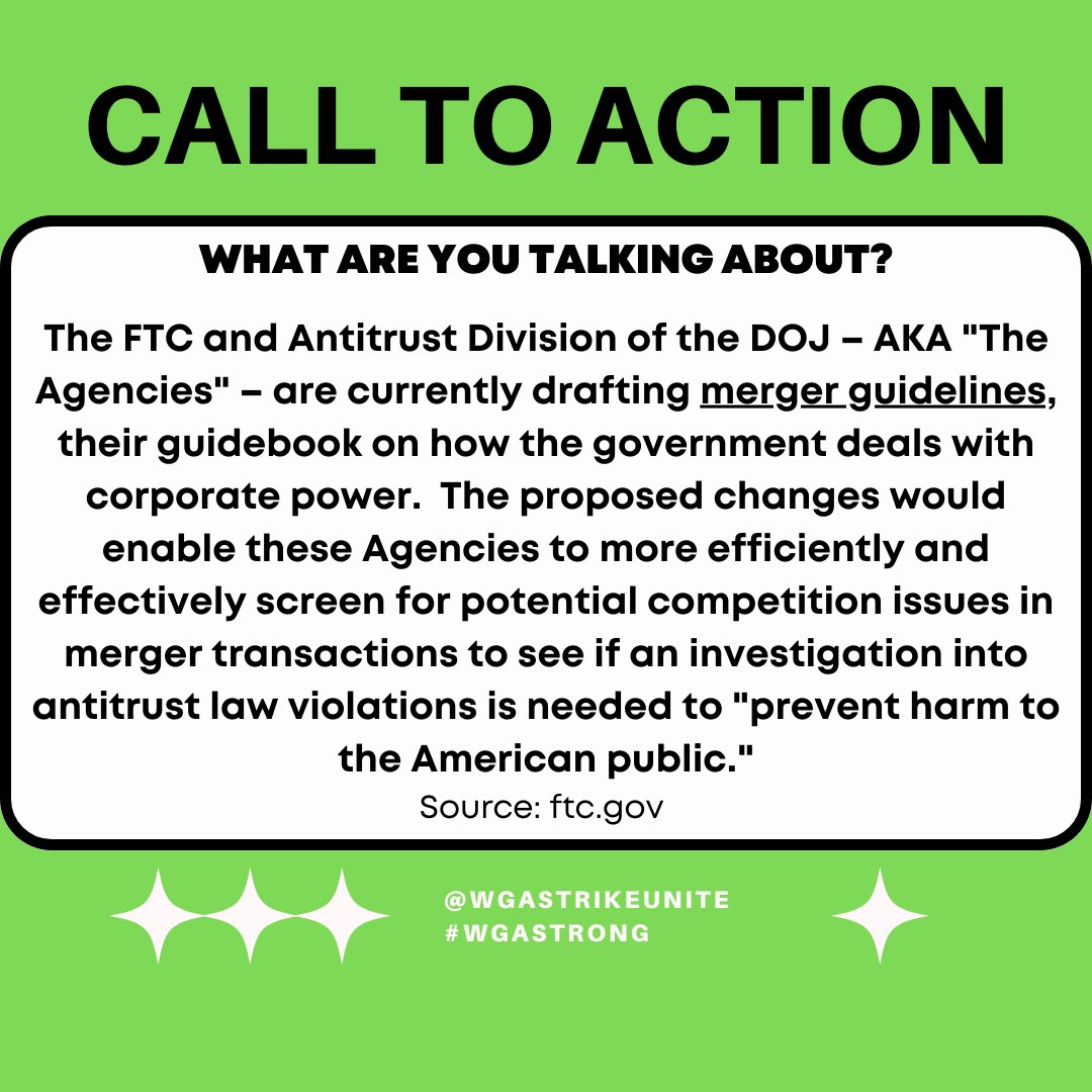 wgastrikeunite's tweet photo. 🚨CALL TO ACTION🚨Tired of entertainment companies merging, messing w/ our entire business &amp; making it harder to even find/watch anything these days? TV shows &amp; films taken off streamers w/ zero warning to evade paying residuals, then not existing anywhere. Let’s change that! 1/3 https://t.co/4wBgy9t8Dn