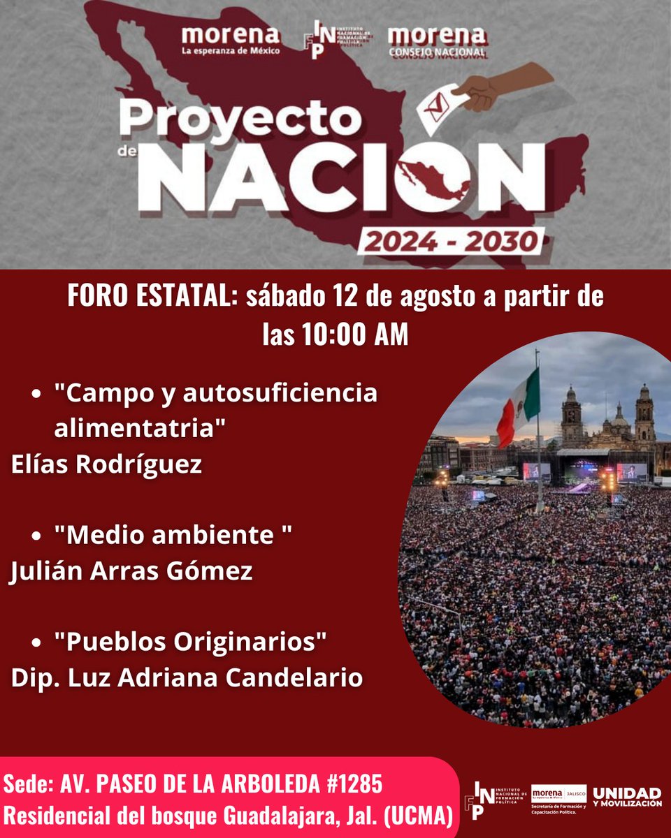 RECEJAL's tweet photo. Acompáñanos este sábado 12 de Agosto al foro Estatal sobre el #ProyectoDeNación donde hablaremos de los siguientes 3 ejes temáticos que se discutirán el domingo 13 de agosto en las plazas públicas de todo México. 
Av. Paseo de la arboleda #1285, Residencial del bosque, Gdl, Jal. https://t.co/putC0SpAY0