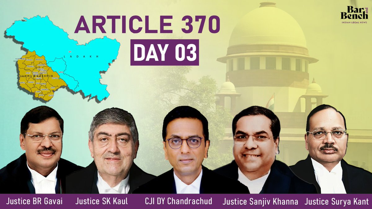 barandbench's tweet photo. [Day 3 Hearing: Article 370]

Five-judge Constitution bench of the Supreme Court led by CJI DY Chandrachud to resume hearing a batch of petitions challenging the abrogation of Article 370 of the Constitution

#SupremeCourtofIndia #Article370 https://t.co/pxdyLgvbcf