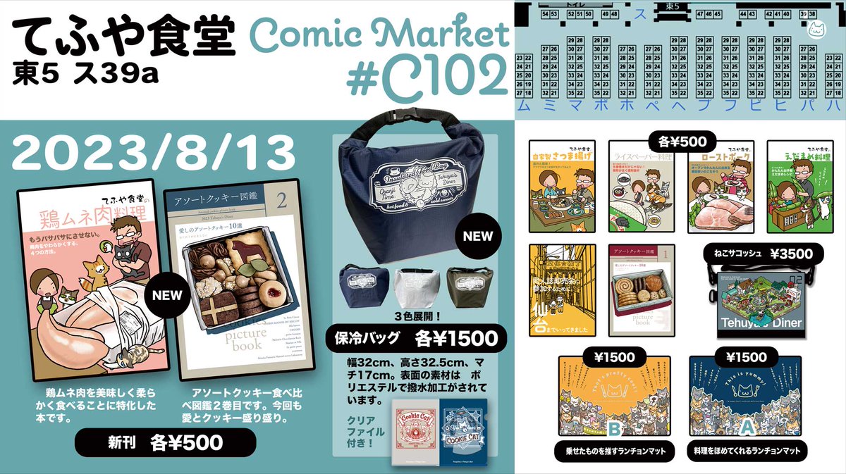 akibablognet's tweet photo. 【夏コミ支援】サークルてふや食堂 2日目東5ス-39a 新刊は鶏ムネ肉を柔らかく食べるためのレシピ本と、アソートクッキー缶の食べ比べ本。グッズに菓子工房osanji time.さんとのコラボ保冷バッグあります https://t.co/piC5fRHqGg