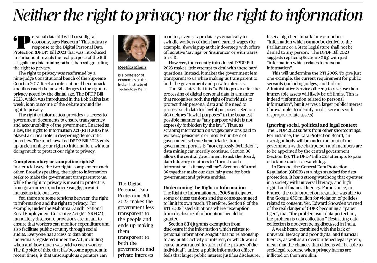 NehaKoppula's tweet photo. The Digital Personal Data Protection Bill 2023 makes the government less transparent to the people and ends up making them transparent to both the government and private interests

- Prof. Reetika Khera, IIT Delhi

#DPB #DPB2023 https://t.co/BnmlqazpHN