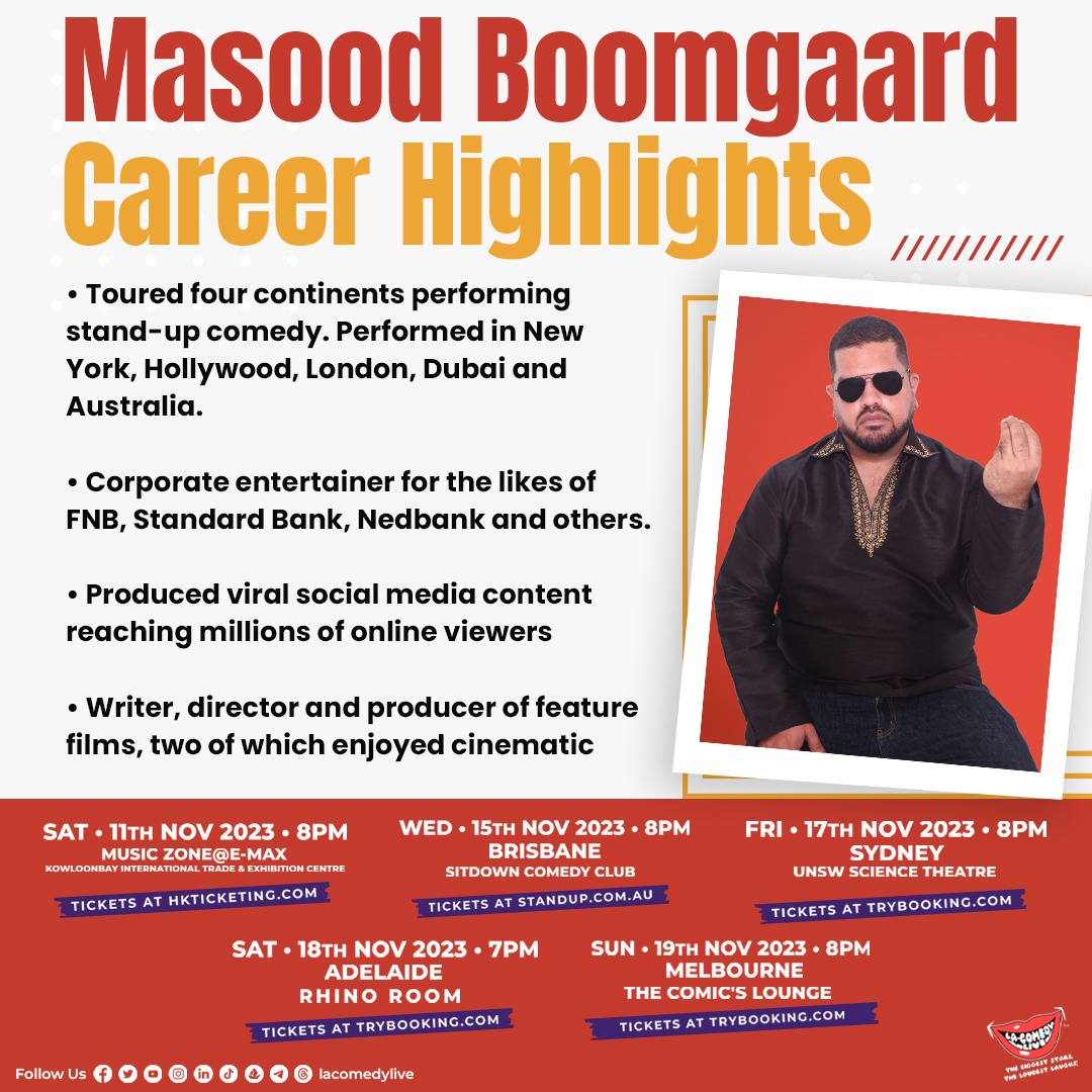 Masood Boomgaard takes Self-Help Singh and his demotivational stories to Hong Kong and Australia! Check the poster for the dates and venues! 

#LAComedyLive #masoodboomgaard #selfhelpsingh #standup #hongkong #australia