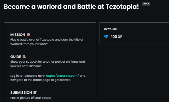 TheTezosCommunity (@thetezos) on Twitter photo Ready for battle day @ TTC? 2 battles to win XP!
1⃣Rumble Royal @ discord. Just click the⚔️until 17UTC to try to win an Ottez Warrior + 25XP
2⃣Complete the NEW QUEST dedicated to <a href="/tezotopiaio/">Tezotopia ☄️</a> & win 100XP
▶️zealy.io/c/thetezoscomm…
TTC Zealy Week#2✨#StrongerTogether #tezos Ready for battle day @ TTC? 2 battles to win XP!
1⃣Rumble Royal @ discord. Just click the⚔️until 17UTC to try to win an Ottez Warrior + 25XP
2⃣Complete the NEW QUEST dedicated to <a href="/tezotopiaio/">Tezotopia ☄️</a> & win 100XP
▶️zealy.io/c/thetezoscomm…
TTC Zealy Week#2✨#StrongerTogether #tezos