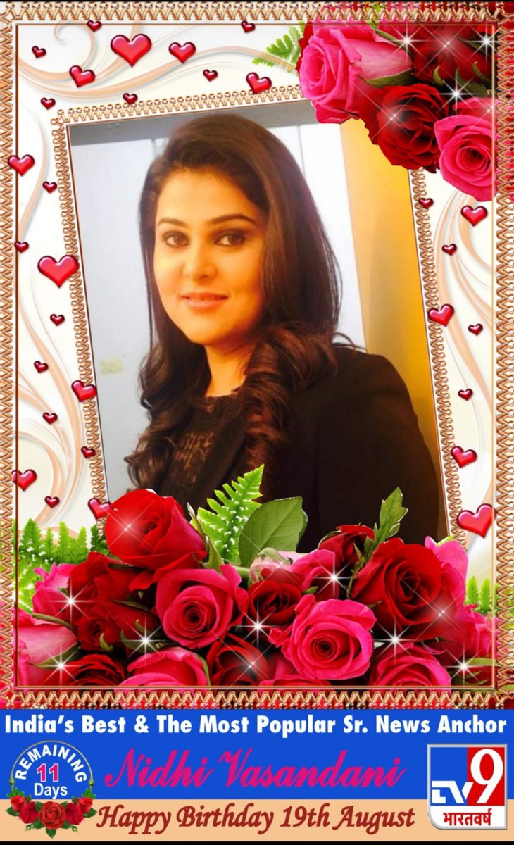 Positive11177's tweet photo. @nidhileo 
#IndiasBest 
#TheMostAdmired
#TheMostPopular
#SrNewsAnchor
#Adarniya #NidhiVasandani #Mam
We all your friends,
fans &amp; wellwishers are 
ready 
to celebrate 
your birthday🎂❤️ 
on 19th August.

11 days are remaining !

#NidhiVasandani
#HappyBirthday🎂❤️
#19thAugust https://t.co/BpmRaxbLZR