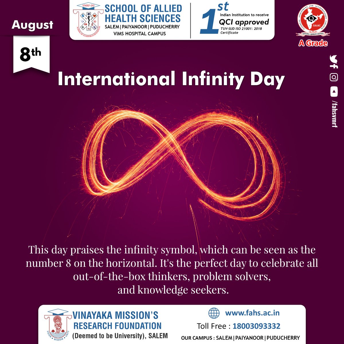 sahsvmrfsalem's tweet image. International Infinity Day falls on August 8th. This day praises the infinity symbol, which can be seen as the number 8 on the horizontal.

#InfinityDay #infinitysymbol