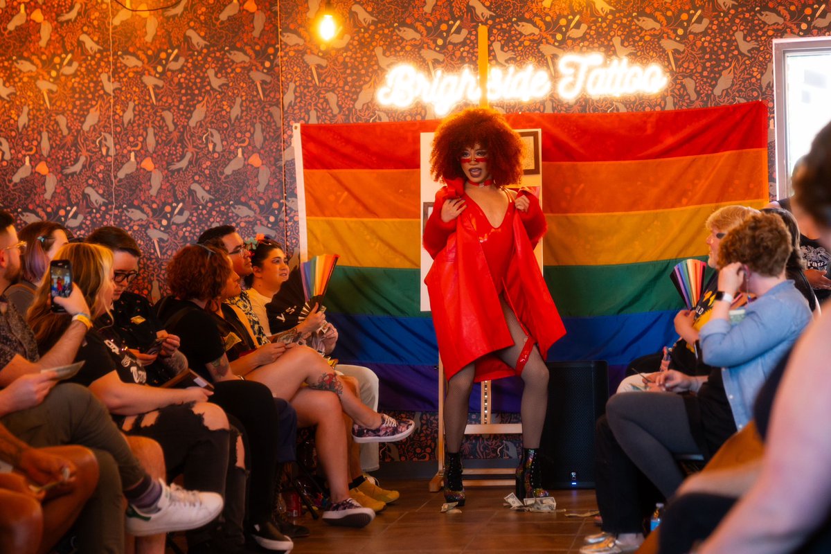 ArciniegaStreet's tweet photo. Ever had a drag show at a tattoo shop? 💘

Reminiscing! Hands down the coolest show we’ve ever done, and it was a great way to close out June. Thanks to everyone who came to Brightside Pride and showered our local drag performers with the love, affection &amp; dollars they deserve. https://t.co/gH6KnMjXNZ
