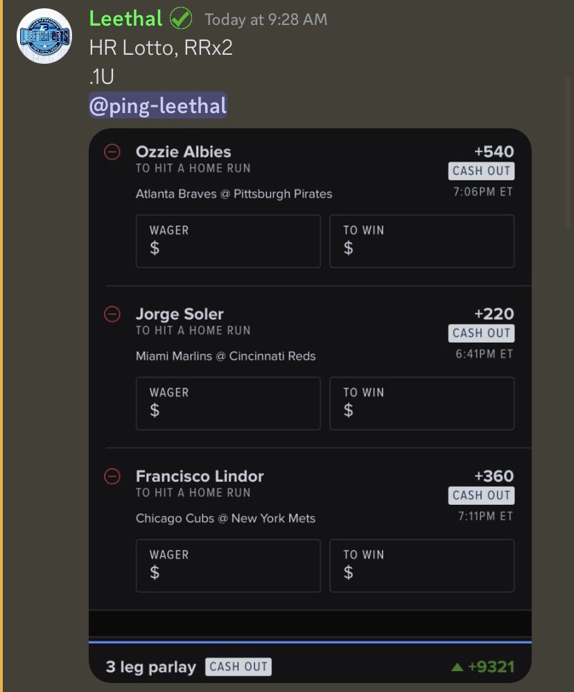 LLeethalBets's tweet photo. We going for 2 nights in a row 🤩🔥

Cash the RRX2✅🫡

Albies HR✅

Solar HR✅

All eyes on Lindor 🤞

Posted in the @Filthy5Discord @5dollarman https://t.co/79c5pRA83F