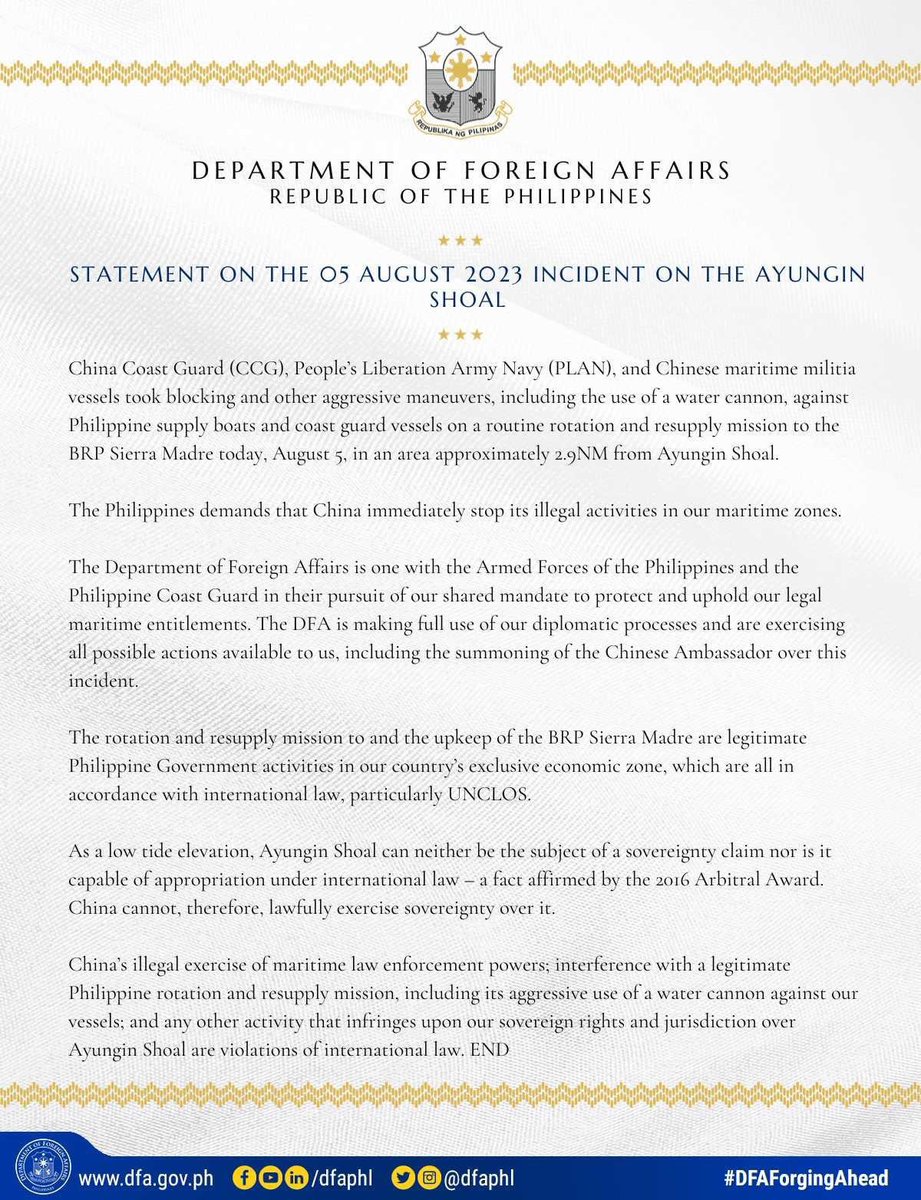 ‼️READ‼️ #DFAStatement: Statement on the 05 August 2023 Incident on the Ayungin Shoal.