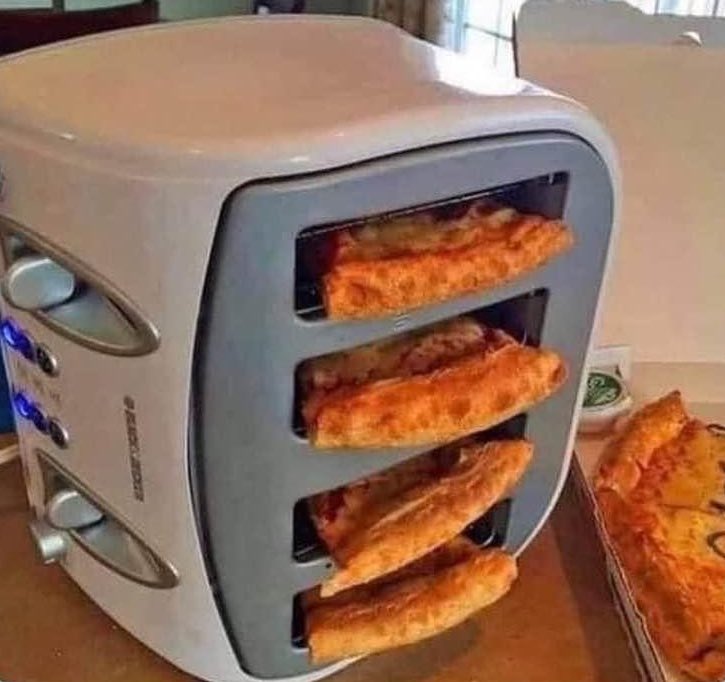 greg16676935420's tweet photo. Life Hack: you can reheat pizza by turning your toaster on its side https://t.co/CJEexNRpvU