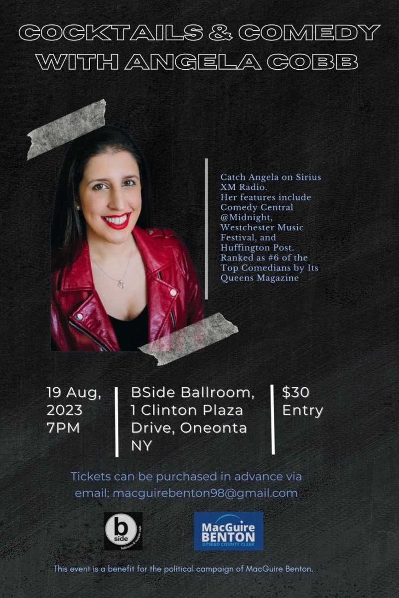 angelacobb's tweet photo. OTSEGO COUNTY:  Come party with us on Saturday, August 19th @bsideballroom in Oneonta, NY!  I am proud to be performing on this fundraiser in support of @Mbenton98 for Otsego County Clerk - reserve your tickets via a $30 donation to the campaign here:

https://t.co/z7dl5TJLxO https://t.co/8W7hruwYMy