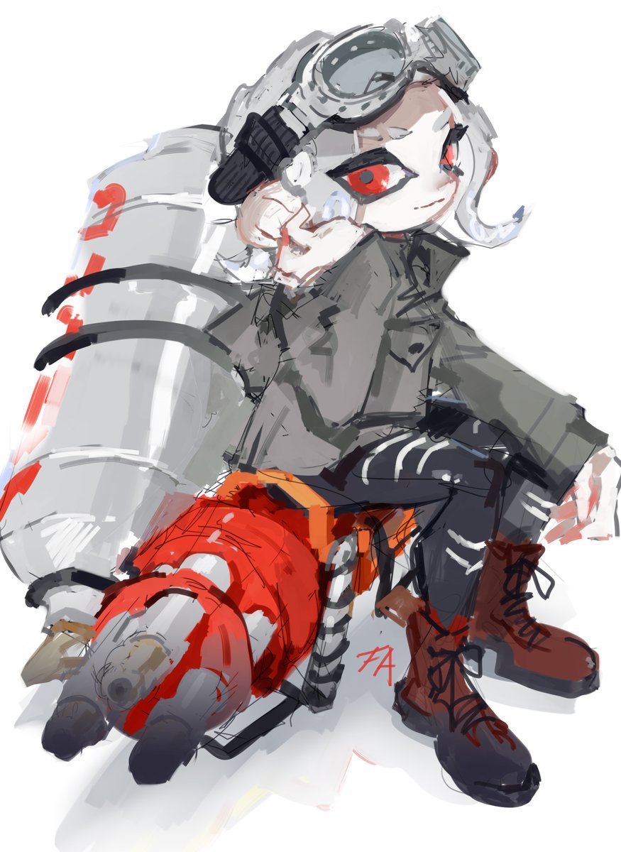 octoling 1girl solo red eyes goggles sitting white background boots  illustration images