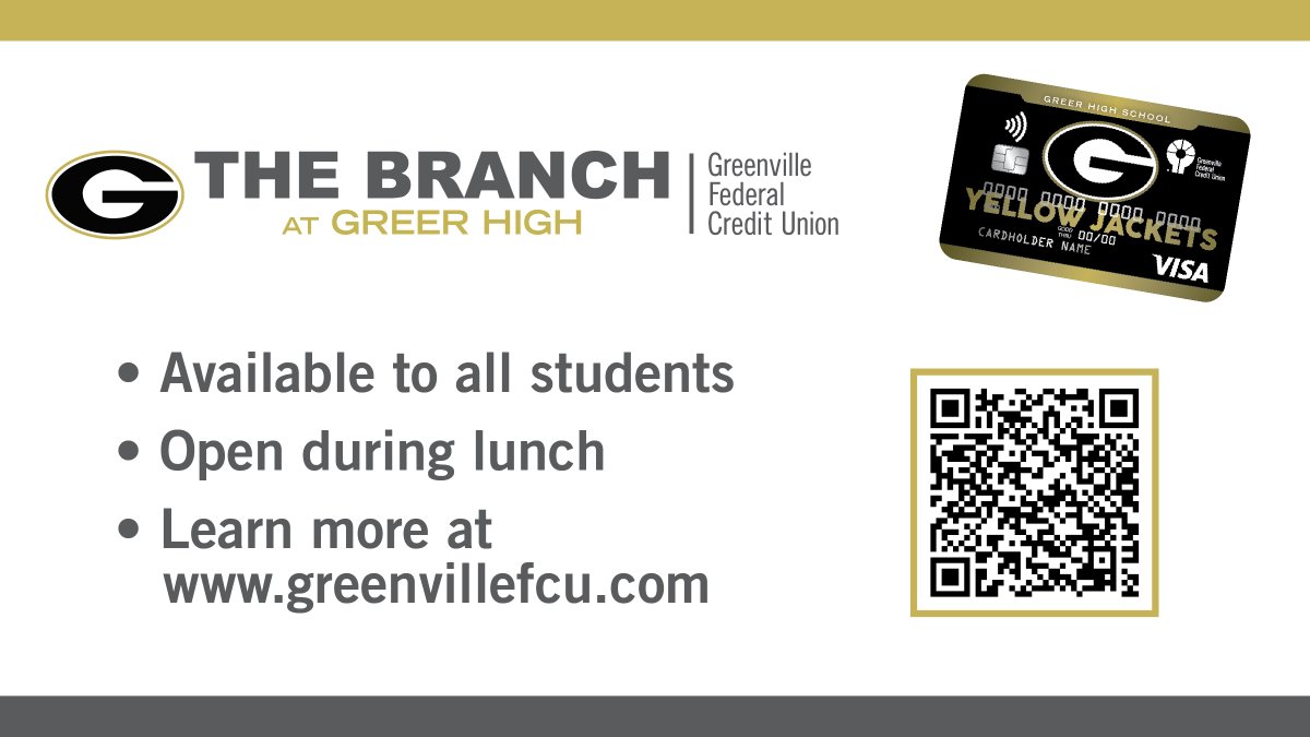 Greer_High's tweet photo. We are thrilled to announce the launch of The Branch at Greer High, our student-run Greenville Federal Credit Union branch located here on campus inside the school cafeteria.  The Branch officially opens for business on Thursday, August 17th! https://t.co/DqOgQ5zrwf
