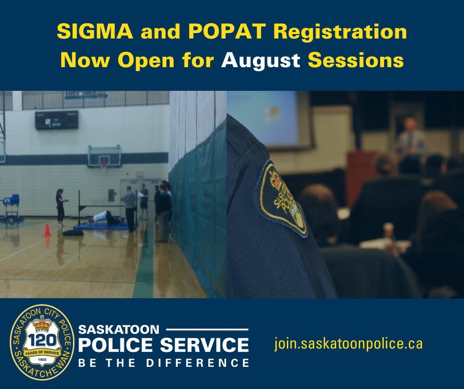SaskatoonPolice's tweet photo. Take your first steps towards joining the Saskatoon Police Service!

There are still spots available for the SIGMA (general knowledge test with 74 questions) and POPAT (Police Officers Physical Abilities Test). Sign up for sessions August 24 &amp; 25 at: 
🌐https://t.co/Fs8yDj2w8a https://t.co/WbC1LEO7Tb