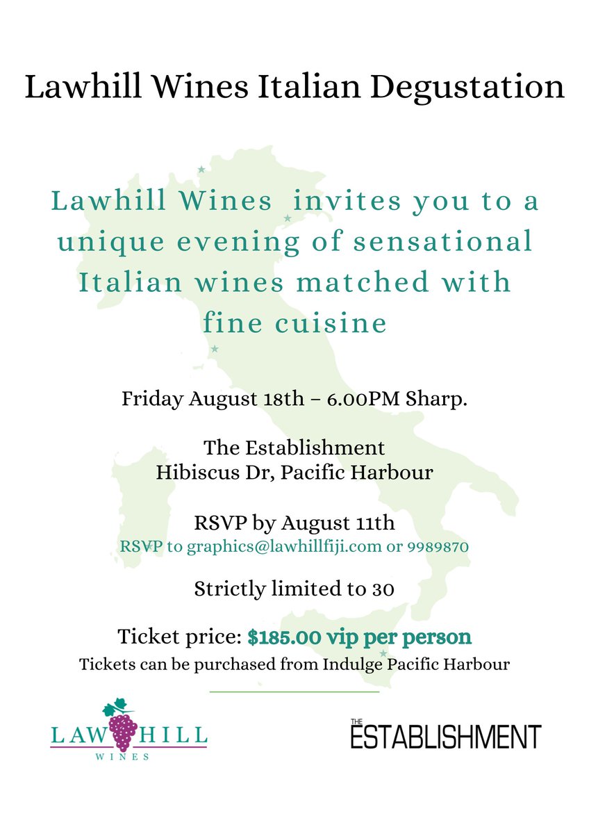 FijiIndulge's tweet photo. 🍷 Join us for an unforgettable evening of indulgence and elegance! 🇮🇹🍇 Discover the exquisite flavor's of Italy with our NEW range of premium wines at the highly anticipated Wine Dinner hosted by Lawhill Wines. https://t.co/2w9OQ08EQp
